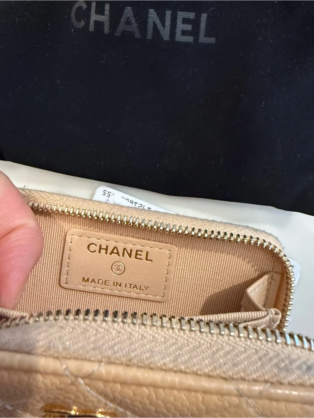 CHANEL Quilted Card Zip Wallet — Beige with Gold CC